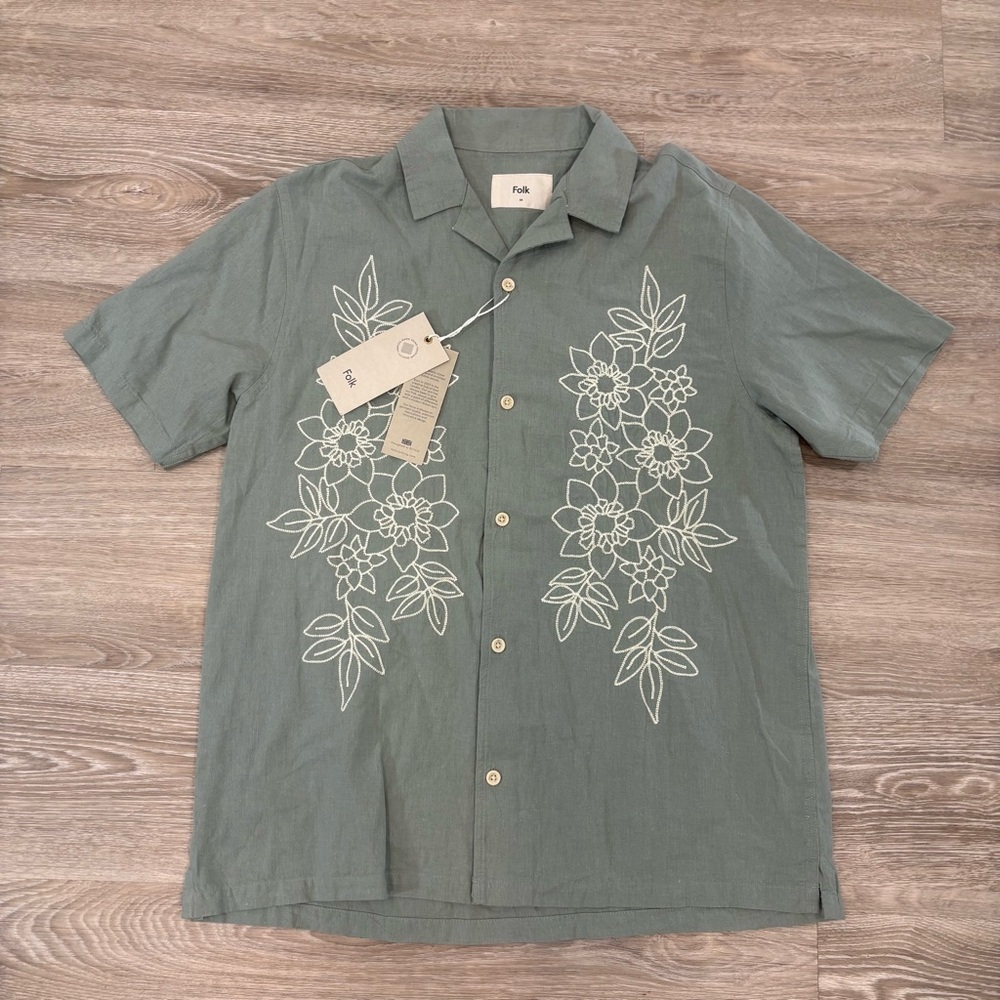 Folk Sage Green Linen Blend Button Down Relaxed fit Shirt M Beach